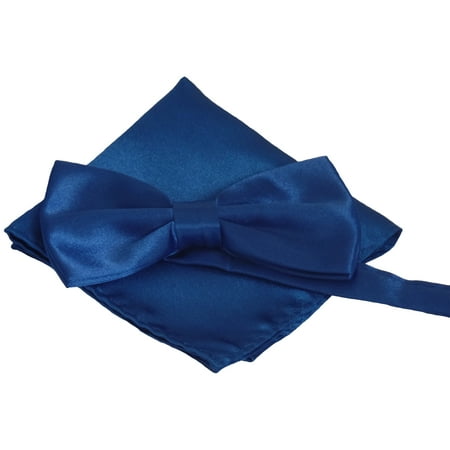 Bow Tie Pocket - Mens Smooth Satin Feel Pre-Tied Bow Tie and Pocket Square