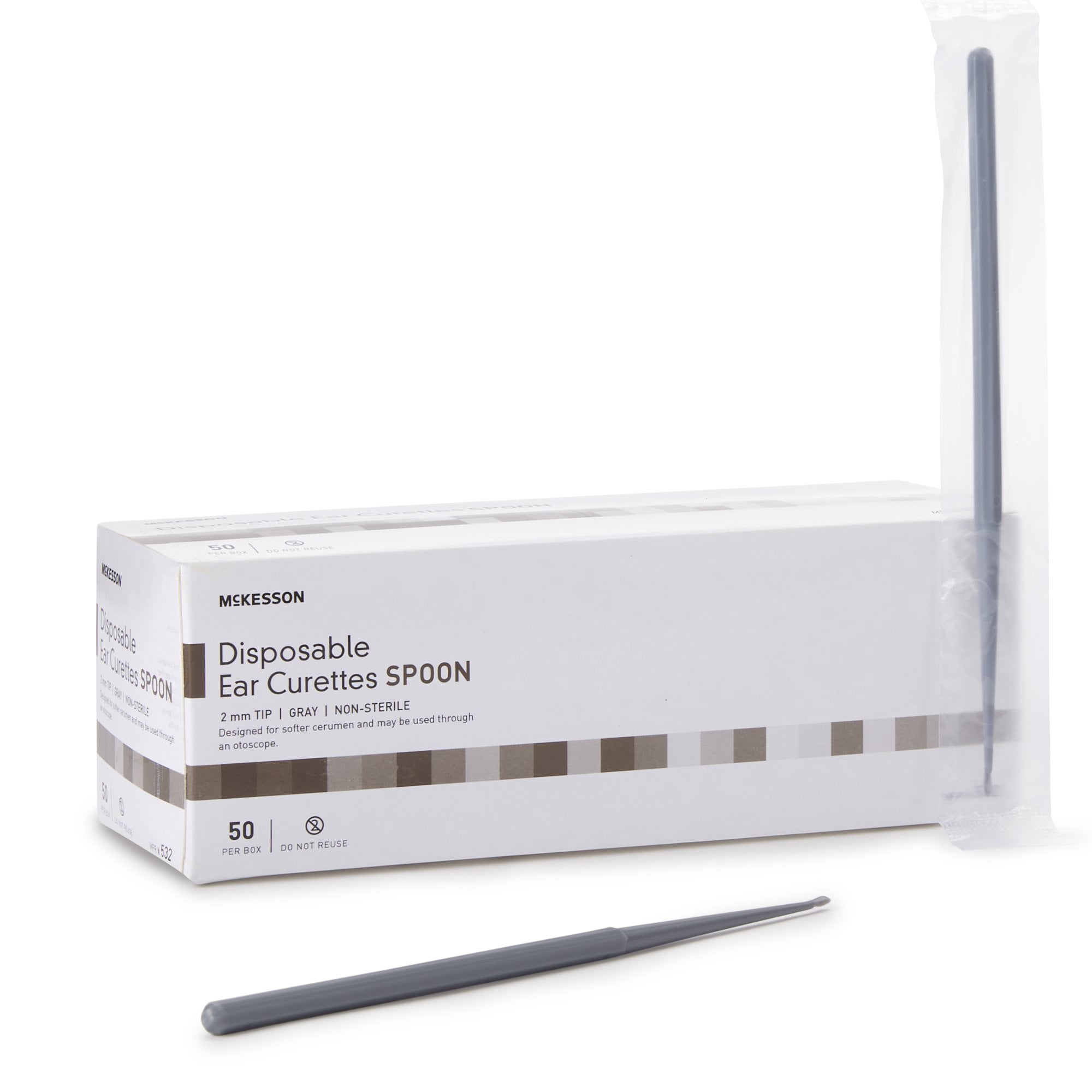 McKesson Disposable Ear Curette Spoon, Non-Sterile, 2mm Tip, 50 Count, 10 Packs, 500 Total