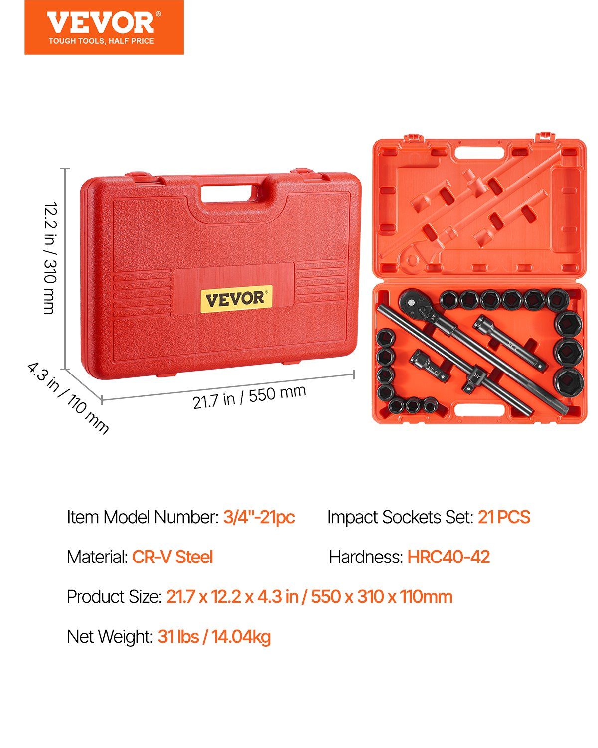 3/4" to 2" SAE Impact Socket Set – 21-Piece, 3/4" Drive, Industrial Strength Cr-Mo