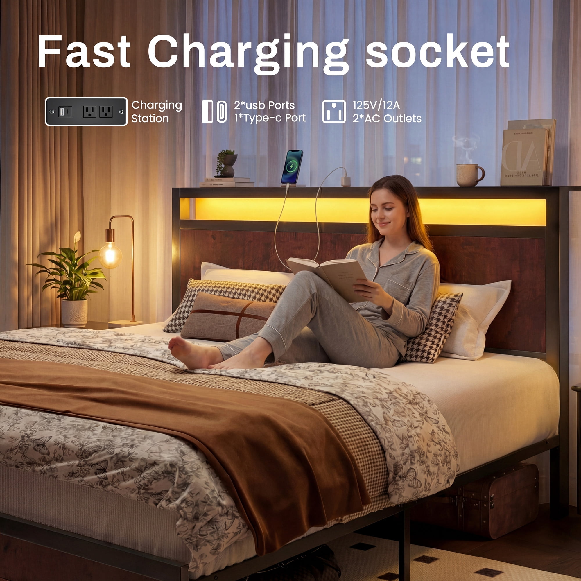 Bolvdo Queen Bed Frame with LED Headboard & Footboard, Built-in Charging Station, Storage Shelf, Noise-Free, No Box Spring Required, Easy Assembly, Coffee Brown