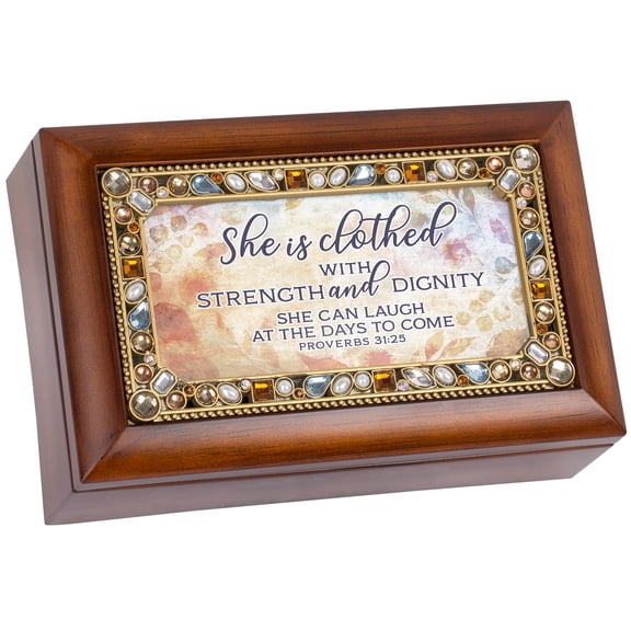 She Is Clothed Strength & Dignity Woodgrain 7 X 4 Mdf Wood Musical Box Plays Tune Amazing Grace