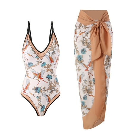 Yanyanz Swim Suits for Women 2025  Women s Retro Fashion V Neck Swimsuit with Beach Cover Up Wrap Skirt Two Bikini Set  Women Swimsuits