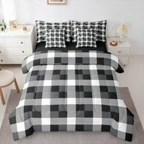 Homewish Black White Buffalo Bedding Comforter Set 7pcs for Teens, Chic Checkered Square Queen Bedding Sets, Modern Fashion Reversible Queen Sheet Sets, Breathable Home Decor