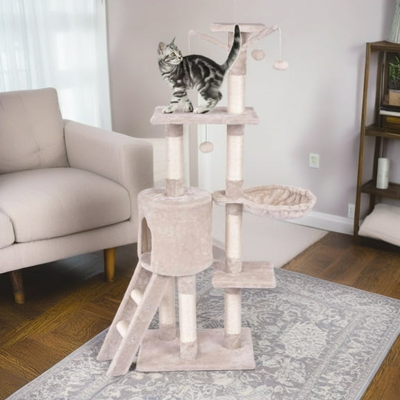 Demi Bonn 56" Cat Tree House for Large Cats, Cat Condo Tower with Ladder Scratching Posts, Jump Platform Cat Play Tree, Beige