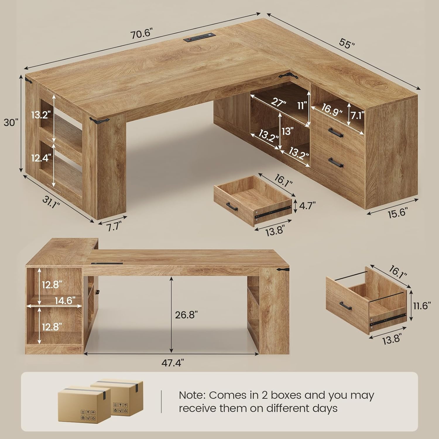71" Executive Desk, L Shaped Computer Desk with Power Outlets, Modern Corner Desk with Storage Shelves & Lateral File Cabinet, Business Furniture Workstation, Oak