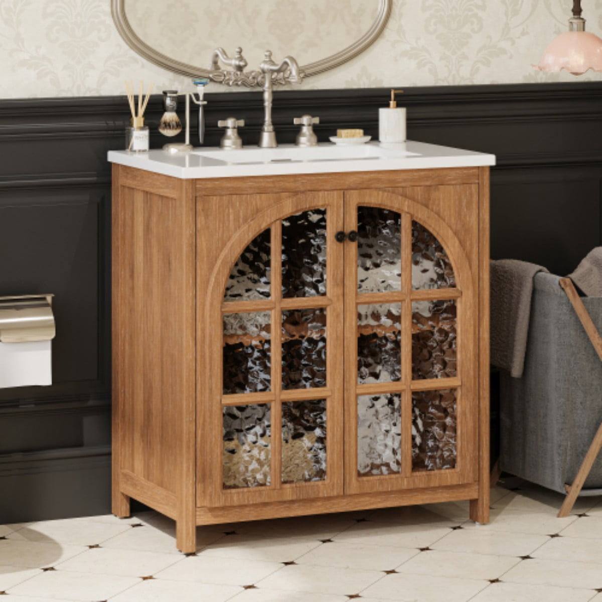 31" Bathroom Vanity with Ceramic Sink, Vintage Rustic Bathroom Cabinet, Soft Close Doors, Adjustable Shelf, Bronze Pulls, Antique Natural