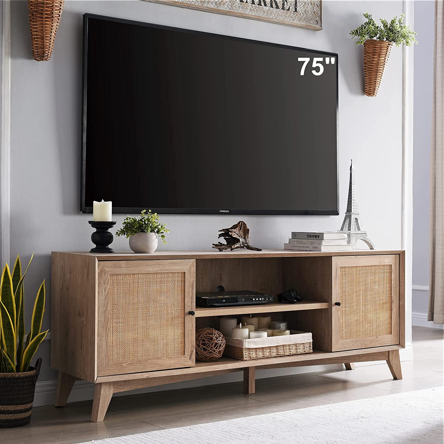 OKD Rattan Wood 66" TV Stand Console Entertainment Center up to 75 inch