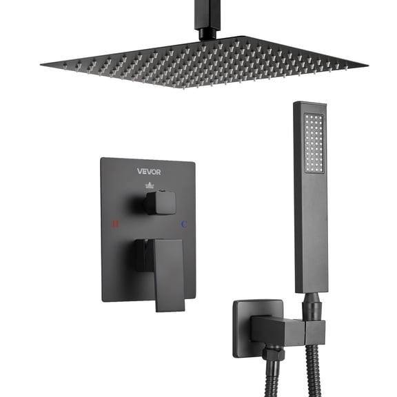 12 Inch Square Rain Shower Head and Hand Shower Set Matte Black Brass Ceiling Mounted Bathroom Faucet System