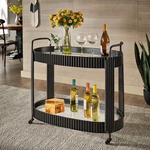 Weston Home Choteau Black Finish Metal Oval Bar Cart with Clear Tempered Glass