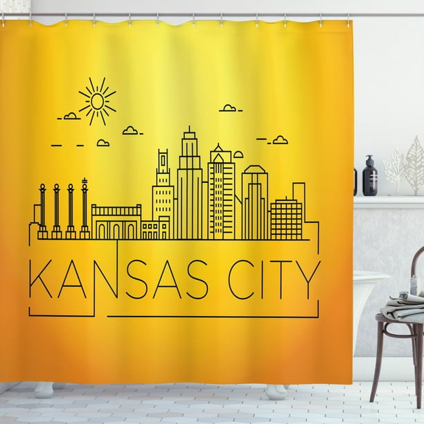 Kansas City Shower Curtain Minimal Missouri Linear Skyline With Typographic Design Fabric Bathroom Set Hooks 69w X 75l Inches Long Orange Yellow Black By Ambesonne Com Kansas City Shower Curtain Minimal, City Shower Curtain