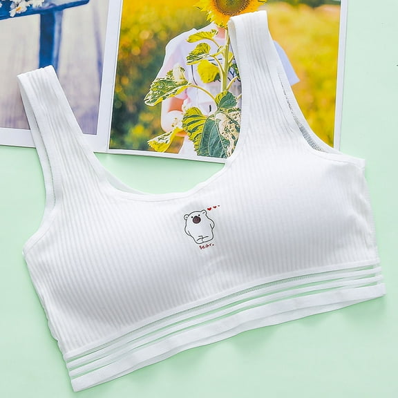 BLTIBY Cotton Girls Training Bra Cami Training Seamless Printed Thin Bras for Teens with Cheast Pads Comfortable Fashion Bralette White 7-10 Years