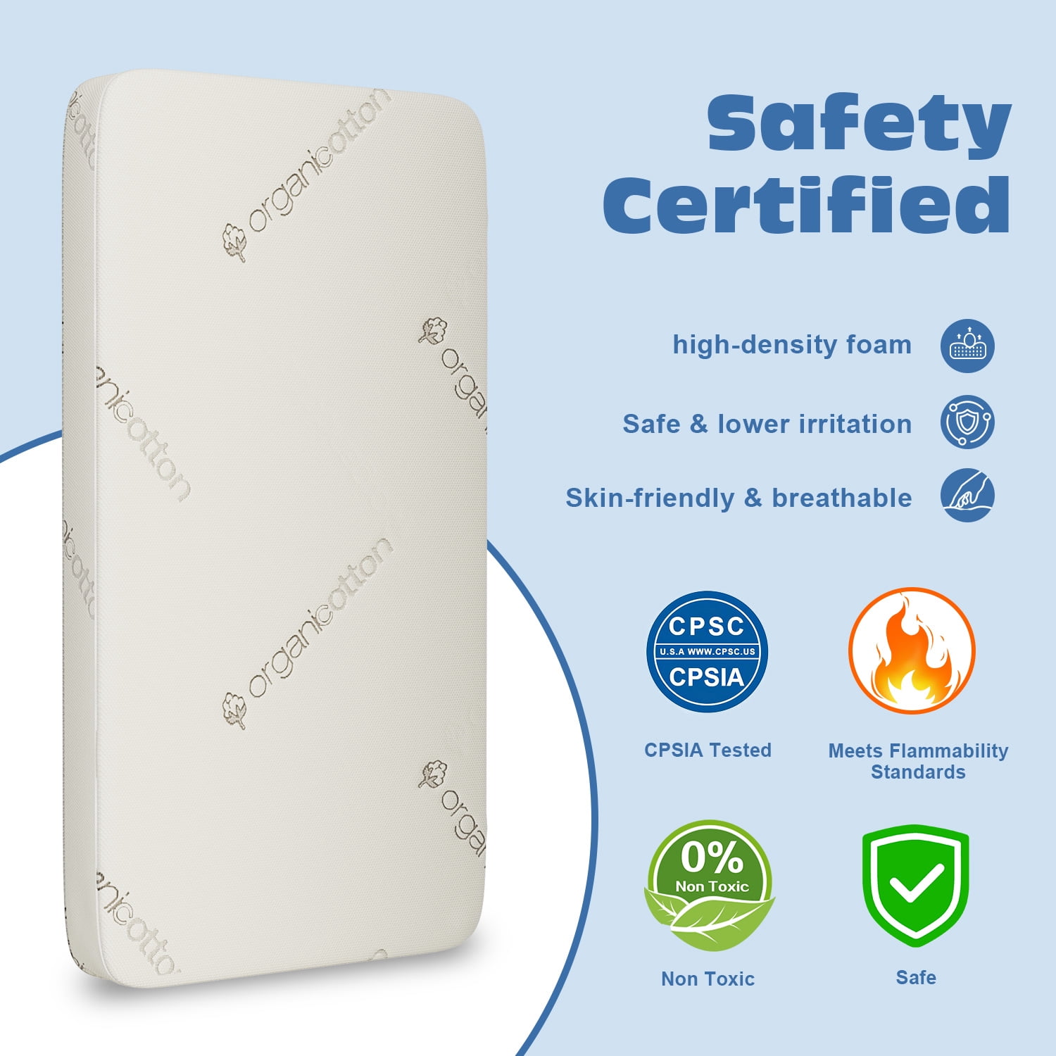 Wonder Living Crib & Toddler Mattress, 100% Organic Cotton Cover, Breathable, Premium Foam Interior, 5’’ Thickness Firm