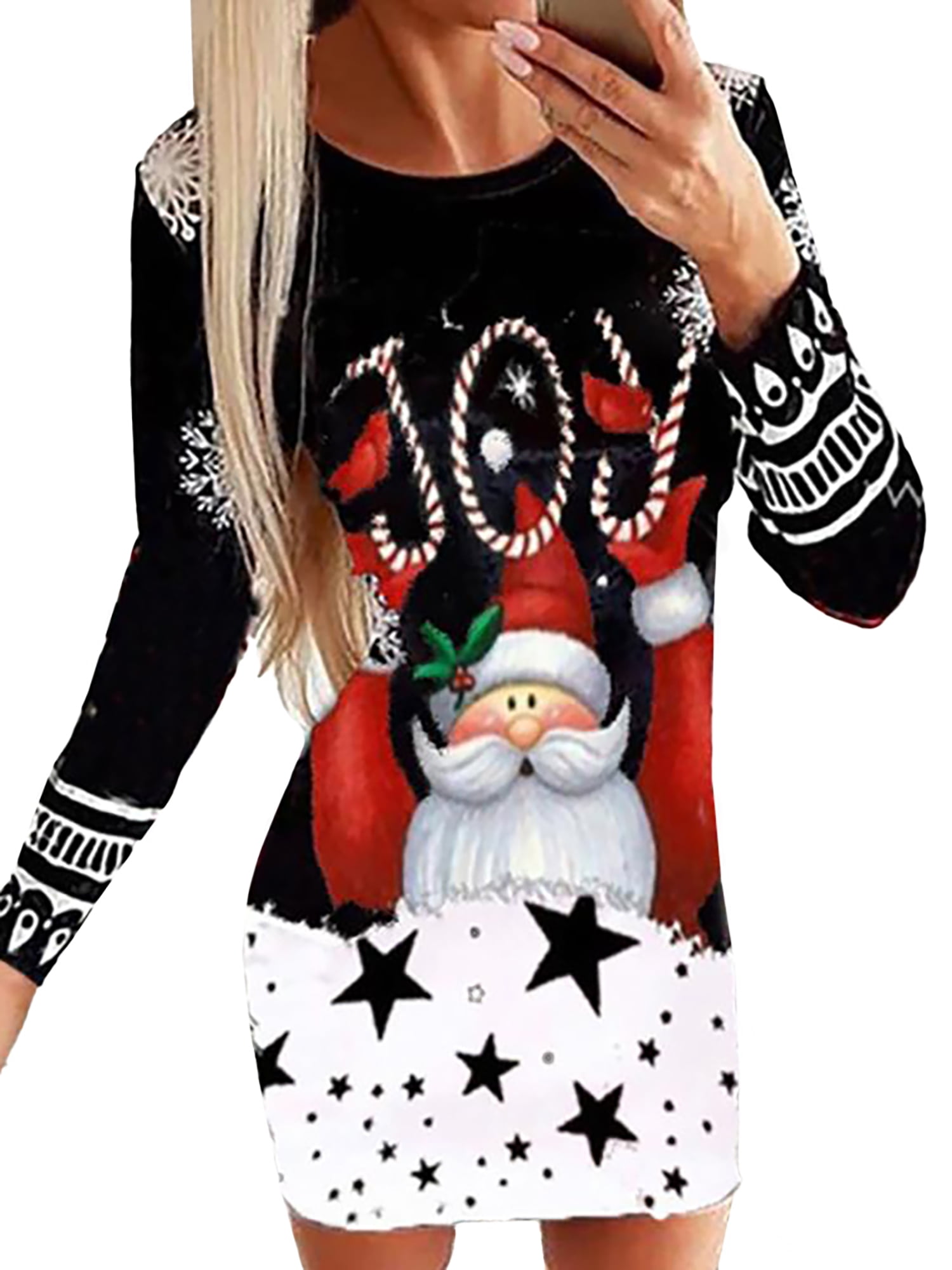 OCEAN-STORE Womens Christmas Dress Santa Claus Print Long Sleeve O Neck A Line Mini Dress Xmas Gifts