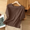 thumbnail image 5 of Vestidos Casuales Para Mujer, Blusas De Mujer De Moda Blusa de mujer de color liso de imitación de lino con hombros descubiertos, manga corta, cuello redondo y dobladillo con abertura, 5 of 5
