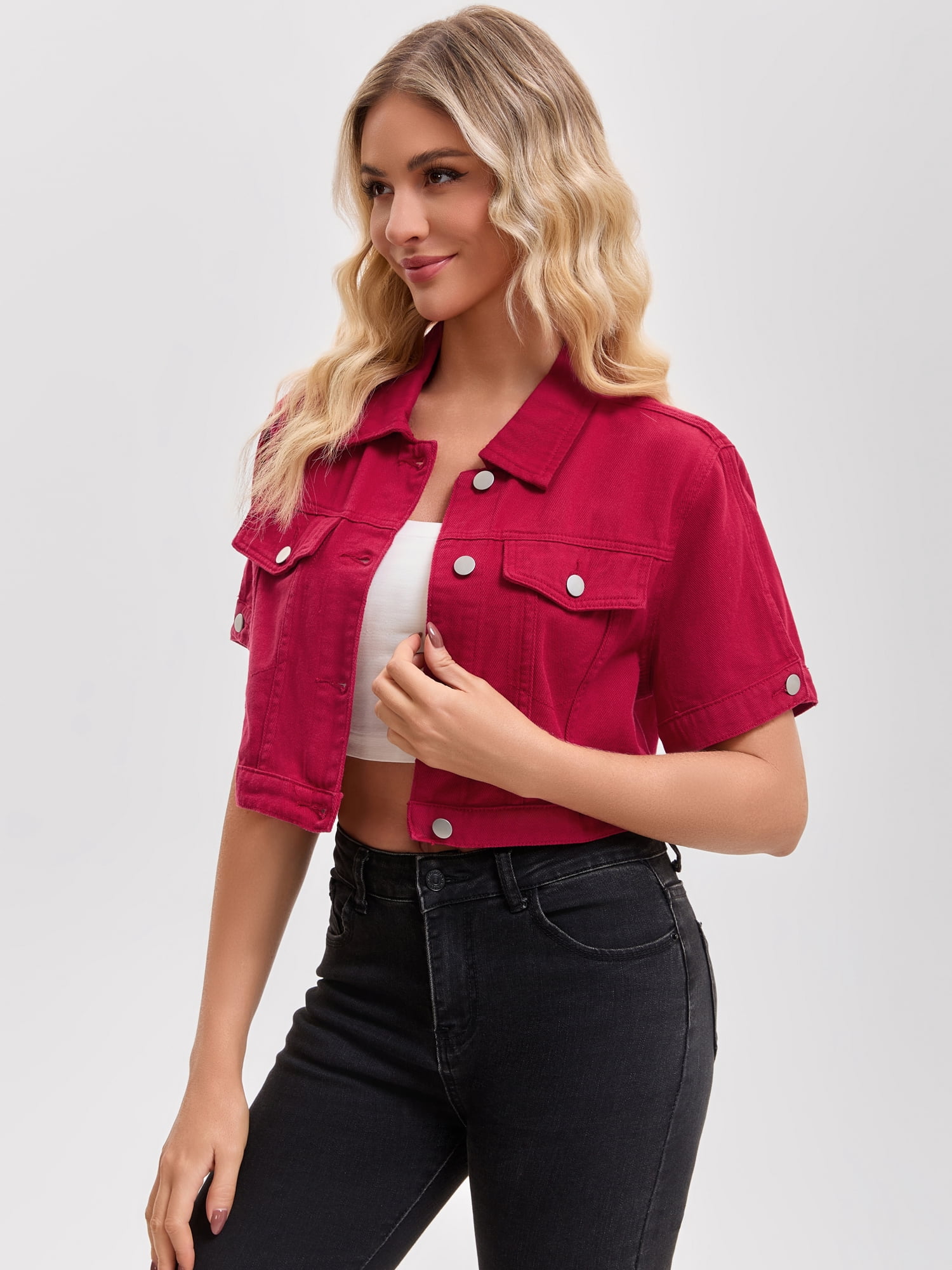 DARING DIVA Women's Short Sleeve Denim Rendy Casual Cropped Jean Jacket XL Dark Red