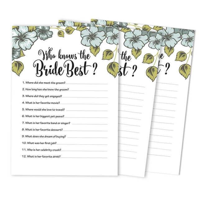 Inkdotpot 50-PackFloralHow Well Do You Know The Bride Bridal Shower Bachelorette PartyGameWho Know The Bride Best ActivityCards
