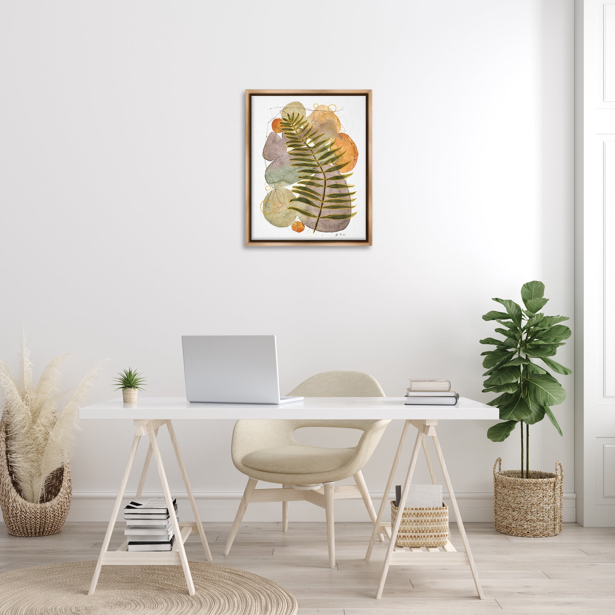 Stupell Industries Abstract Fern & Pebbles Botanical & Floral Painting Brown Floater Framed Canvas Art Print Wall Art, 25 x 31
