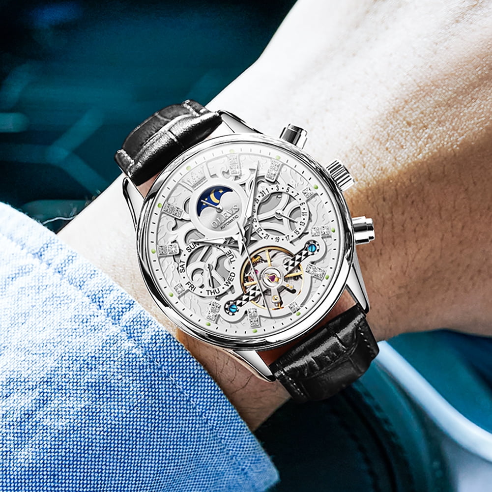 OLEVS Automatic Watches for Men Self Winding Mechanical Chronograph Skeleton Flywheel Luxury Dress Black Brown Leather Diamond Moon Phase Waterproof Luminous Mens Wrist Watches Reloj Para Hombre