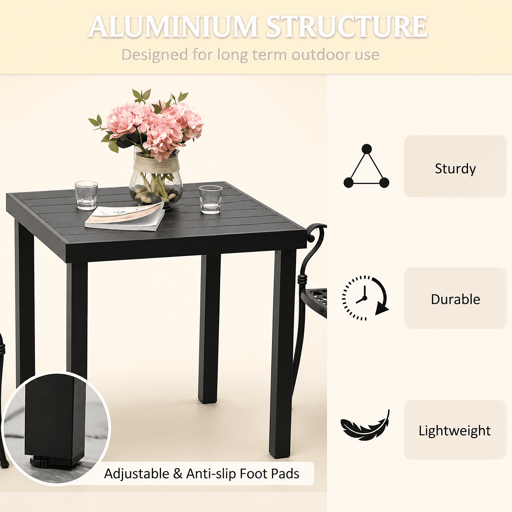 Outdoor Dining Table for 4 Persons, Square Wood-Like Top Patio Table with Lightweight Sturdy Aluminum Frame, Anti-Slip Footpads, Easy to Clean