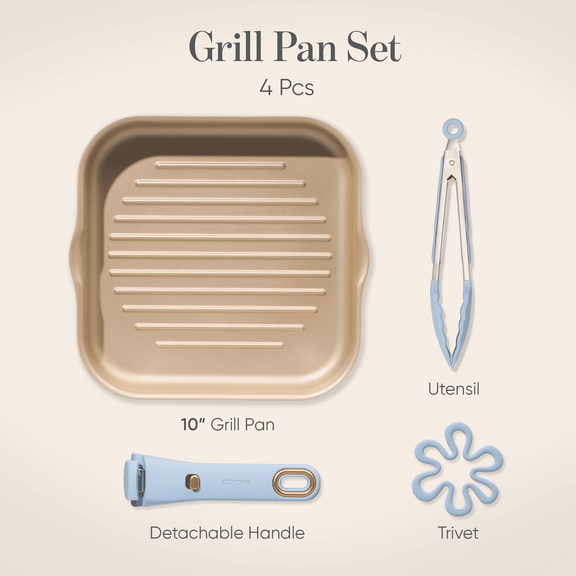 Carote 4 Pcs Nonstick Pan Set, Nonstick Grill Pan for Steak with Detachable Handle, Oven Safe, Induction Cookware, Stackable Kitchen Set, Blue