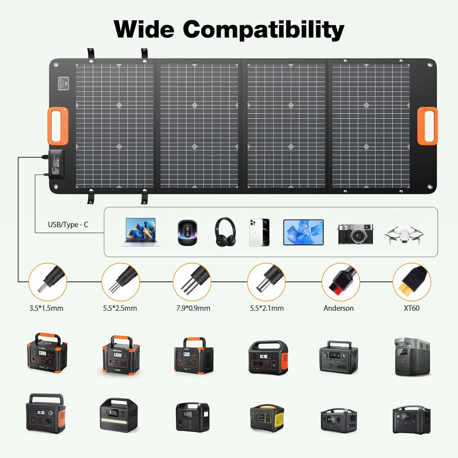 GRECELL 120W Bifacial Portable Solar Panel for Power Station Generator, 21.6V Foldable Waterproof Solar Charger with XT60/Type-C/2 USB DC Output for Camping, RV, Outdoor