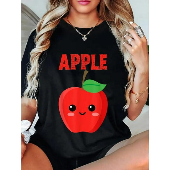Women's Black Print Tshirt Graphic Tees Shirts Cute Apple Cartoon Fruit Humor S-5XL Tops