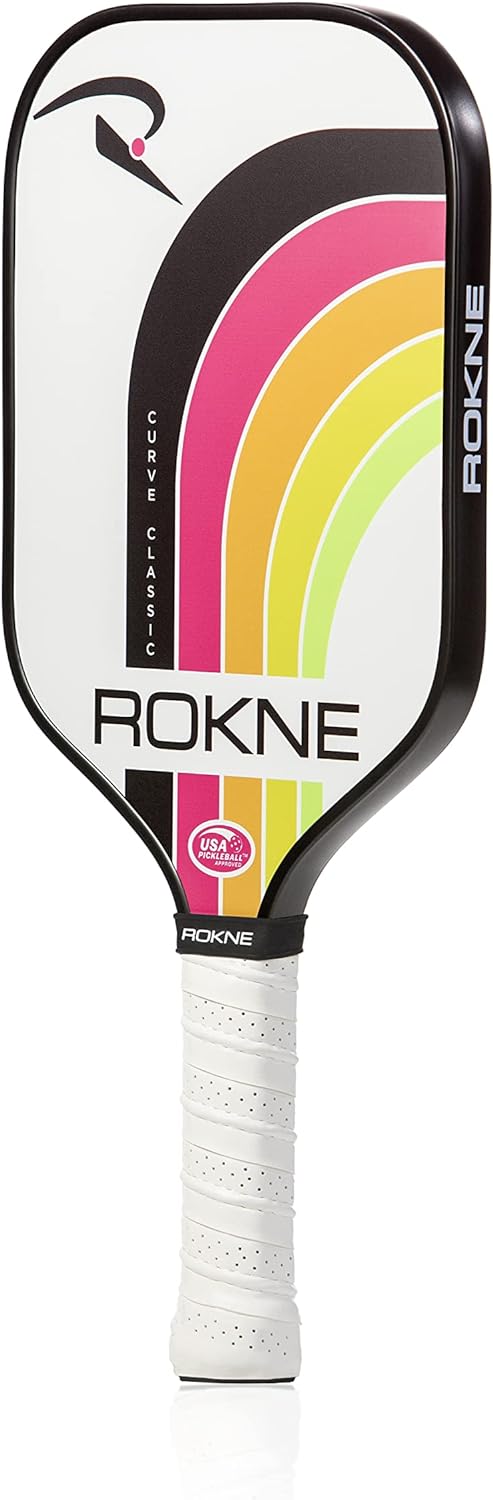 Rokne Curve Classic Fiberglass Pickleball Paddle Long Handle Racket with Pro Grit Texture, Electric Citrus