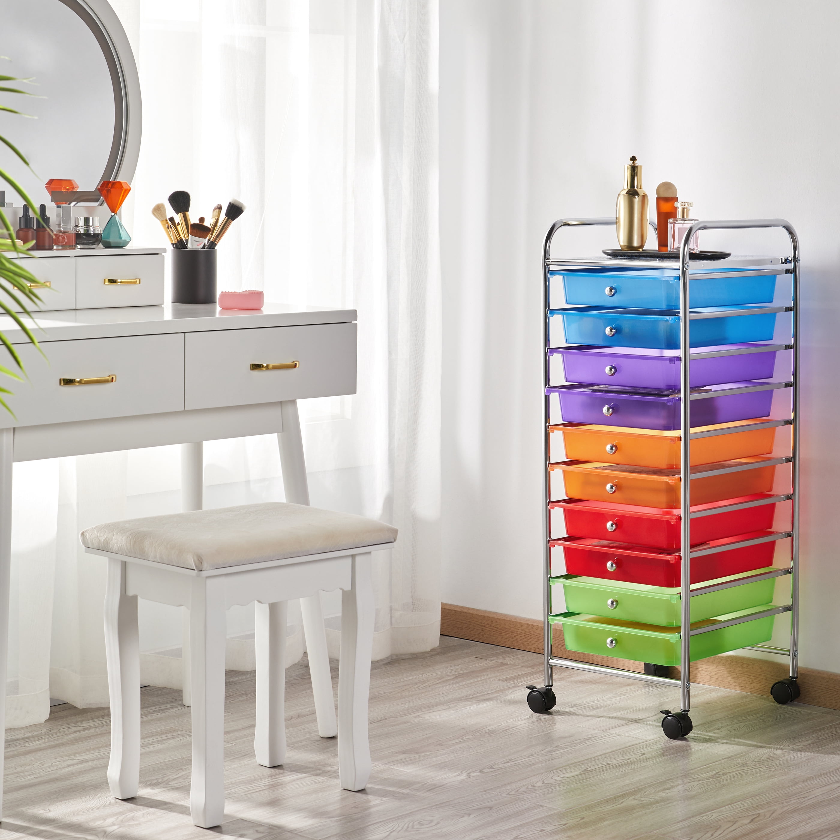 Easyfashion 10 Drawer Rolling Storage Cart with Lockable Wheels, Multicolor