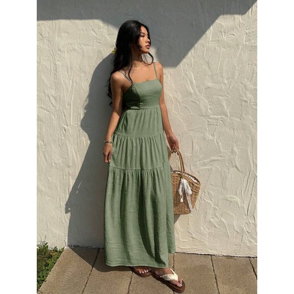 Olive Green Textured Tiered Camisole Maxi Dress, Sleeveless, Loose Fit, Vacation Style