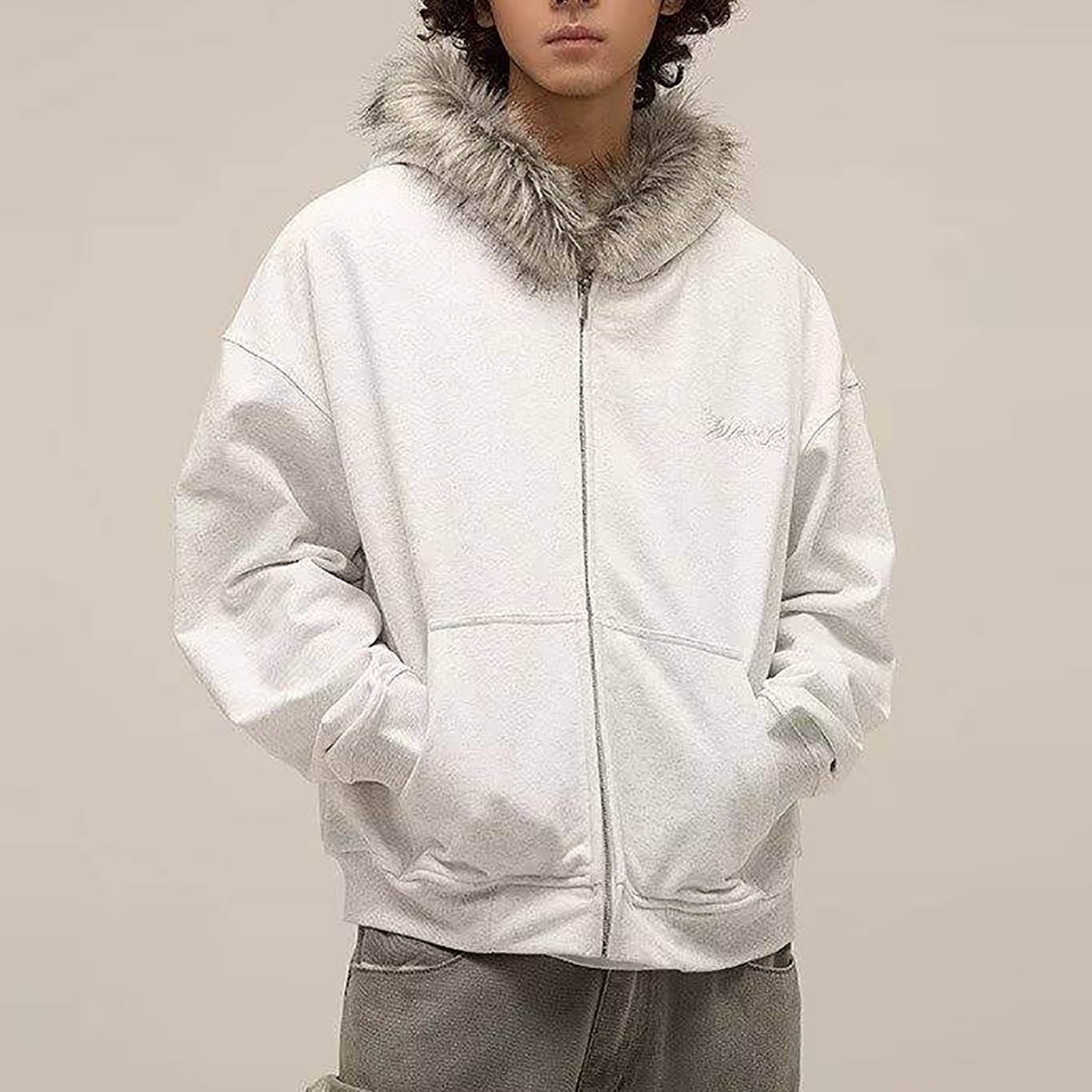 grunge fur hood jacket y2k light blue Japanese fur vintage grunge 