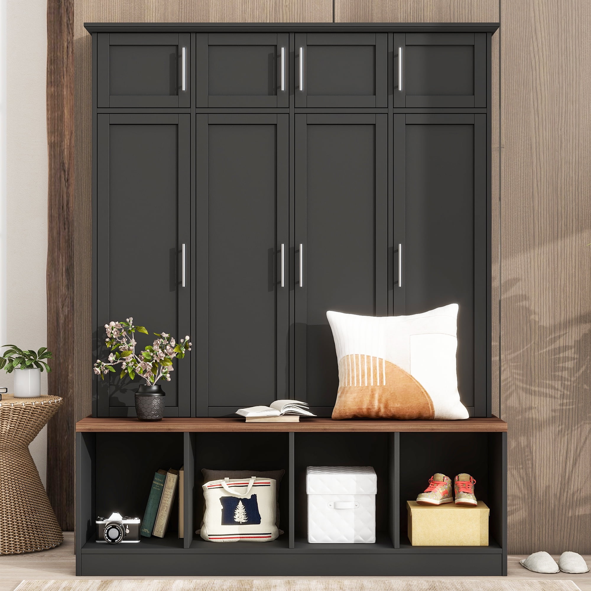 EUROCO 74.9 Oversized Hall Tree Multi Functional Entryway Cabinet with Bench Spacious Storage 4 Hidden Hanging Hooks 8 Cabinets and 4 Compartments for Living Room Hallway Black Walmart