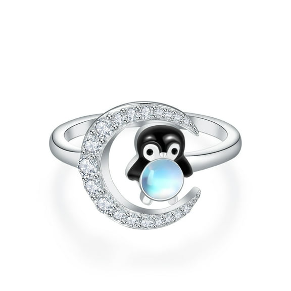 TANGPOET Moonstone Rings Penguin 925 Sterling Silver Ring for Women Adjustable Open Animal Rings Gifts Adjustable