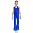 thumbnail image 4 of iiniim Girls Sequins Jumpsuit One Piece Fish Scale Performance Leotard Mermaid Mesh Halter Flared Leg Bodysuit Blue 14, 4 of 7
