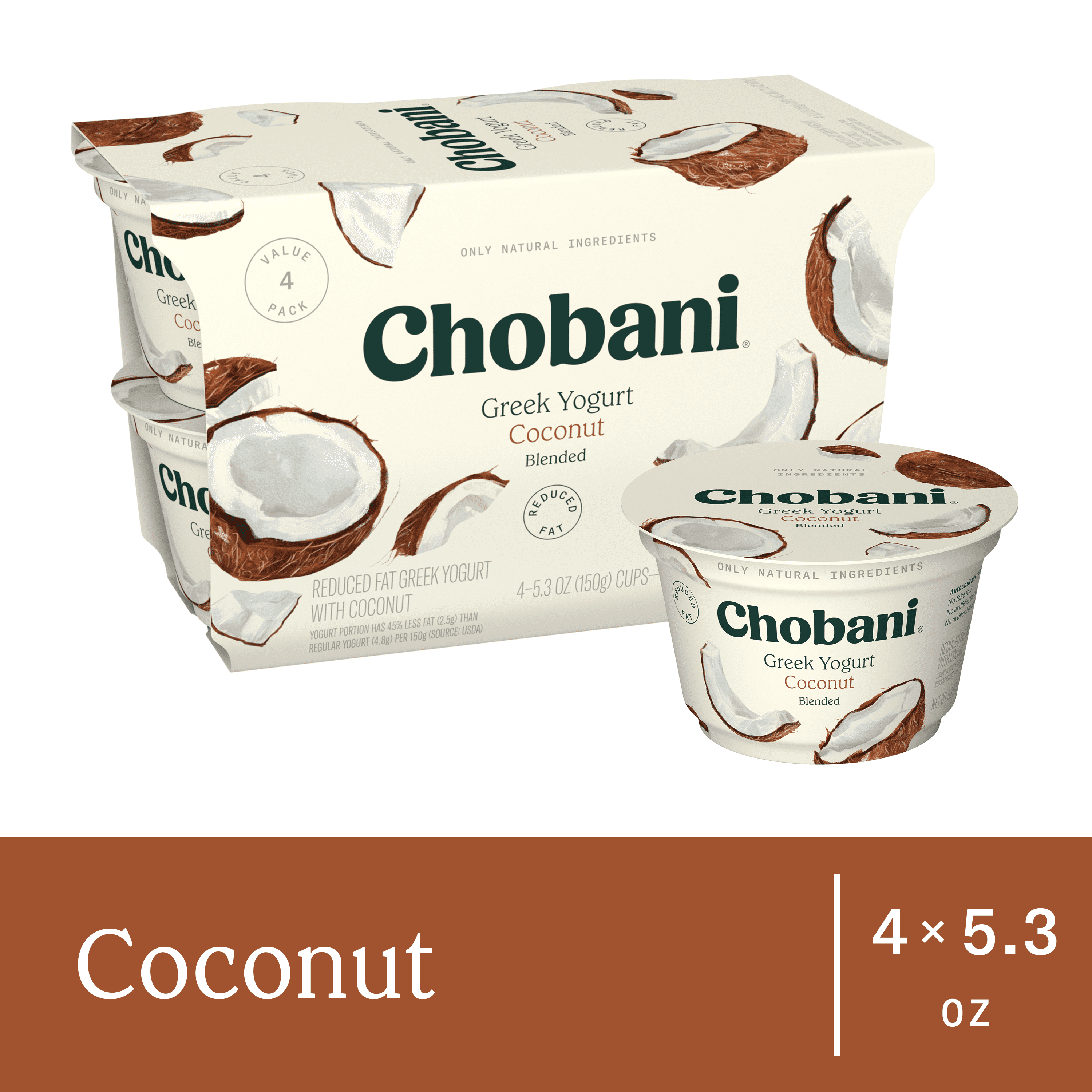 Chobani Reduced Fat Greek Yogurt Coconut Blended 5.3 oz Cup 4 Pack
