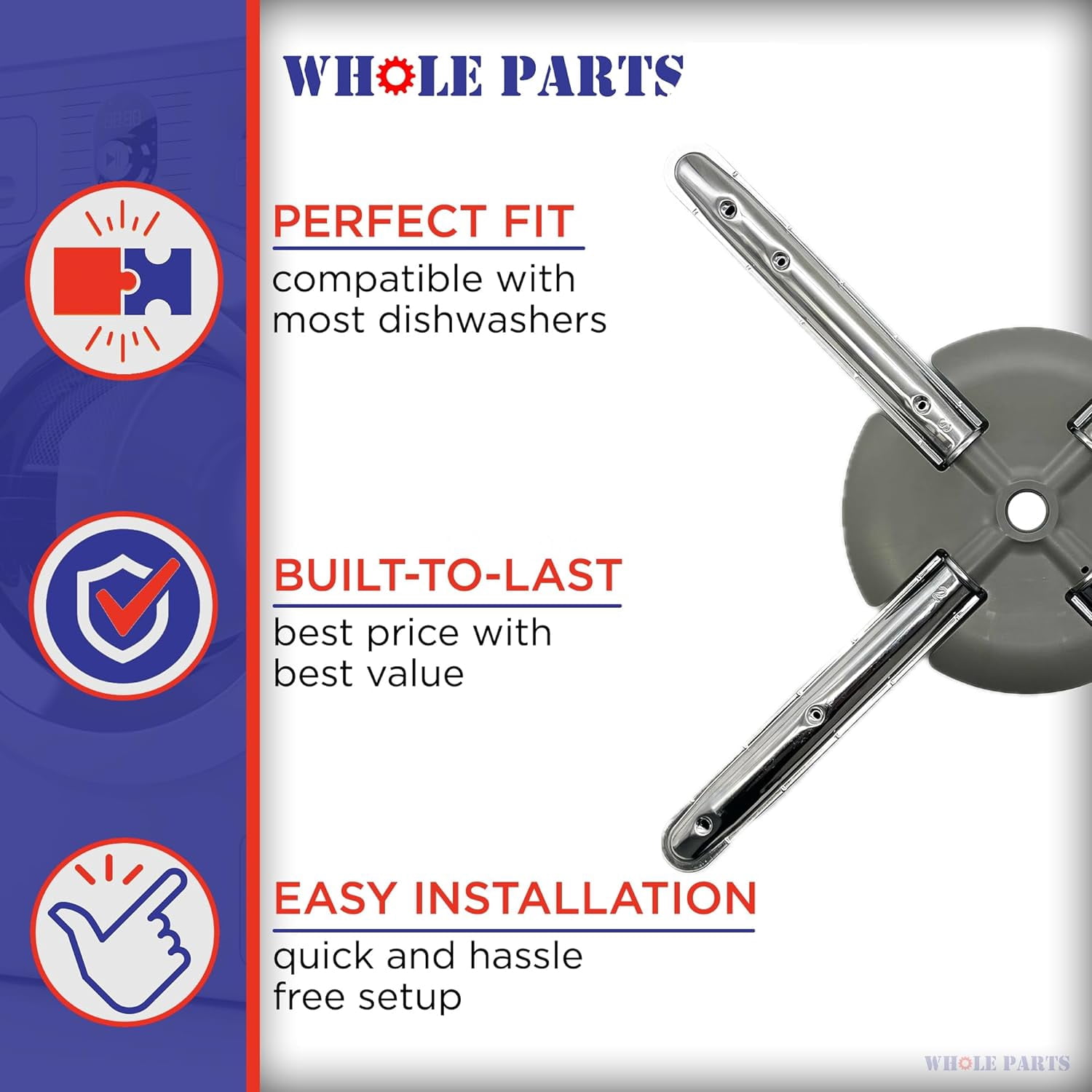Whole Parts Dishwasher Lower Spray Arm/Wash Arm Part# W10320510 - Replacement and Compatible with Some Kitchen Aid and Whirlpool Dishwashers