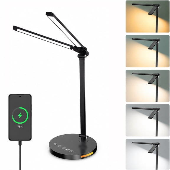 LED Desk Lamp with Dual Heads, 5 Color Modes, Stepless Dimming, 45-Minute Timer, 3-Color Side Night Light, USB Charging Port, Adjustable Study Lamp for Home Office Reading