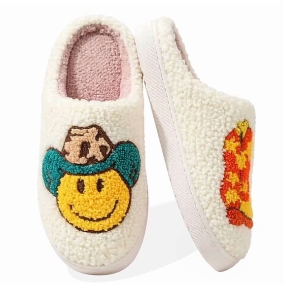 BERANMEY Cute Smile Cowboy Slippers for Women Perfect Soft Plush Comfy Warm Slip-On Western Boots Slippers fo Women Indoor Fluffy House Slippers for Women and Men Non-slip Fuzzy Flat Slides