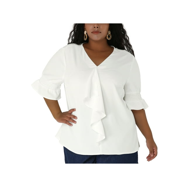 GRACE & GRANDEUR Women's Plus Size Blouse Ruffle Front Smocked Sleeves V Neck Solid Casual Tops 4X White