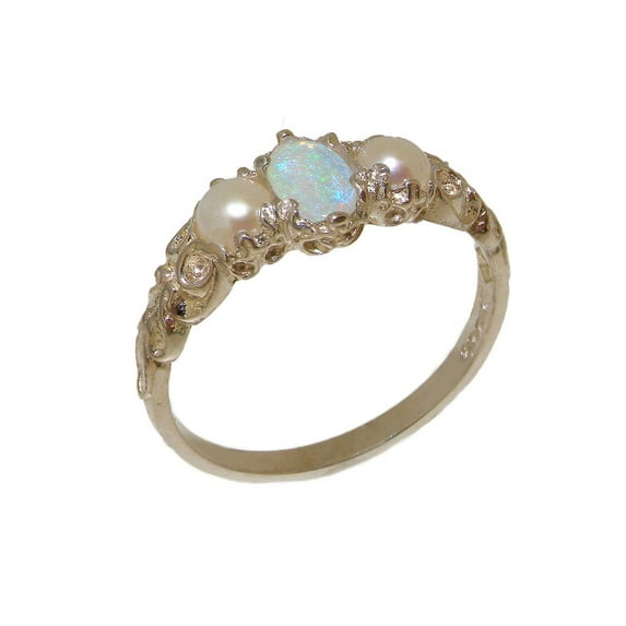 LBG British Made 9k White Gold Natural Opal & Cultured Pearl Womens Trilogy Ring - 33 size options