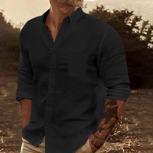 pstuiky camisetas de manga larga para hombre, Camisa de negocios informal de manga larga con botones y cuello vuelto de color entero para hombre Tops casuales para hombres xxl
