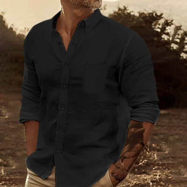 pstuiky Camisas casuales de manga larga para hombre, Camisa de negocios informal de manga larga con botones y cuello vuelto de color entero para hombre camisetas de hombre xl