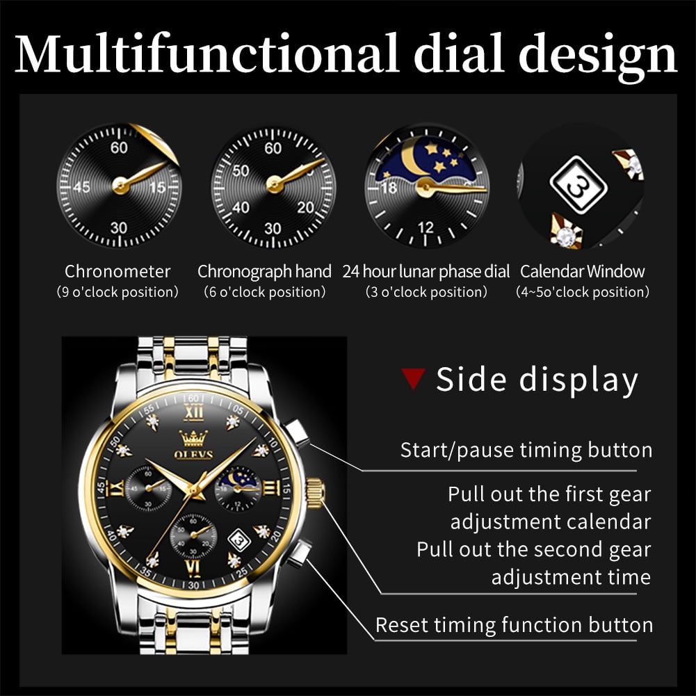 OLEVS Watches for Men Luxury Dress Casual Analog Quartz Gold Plated Stainless Steel Chronograph Moon Phase Waterproof Luminous Date Business Mens Wrist Watches Reloj Para Hombre