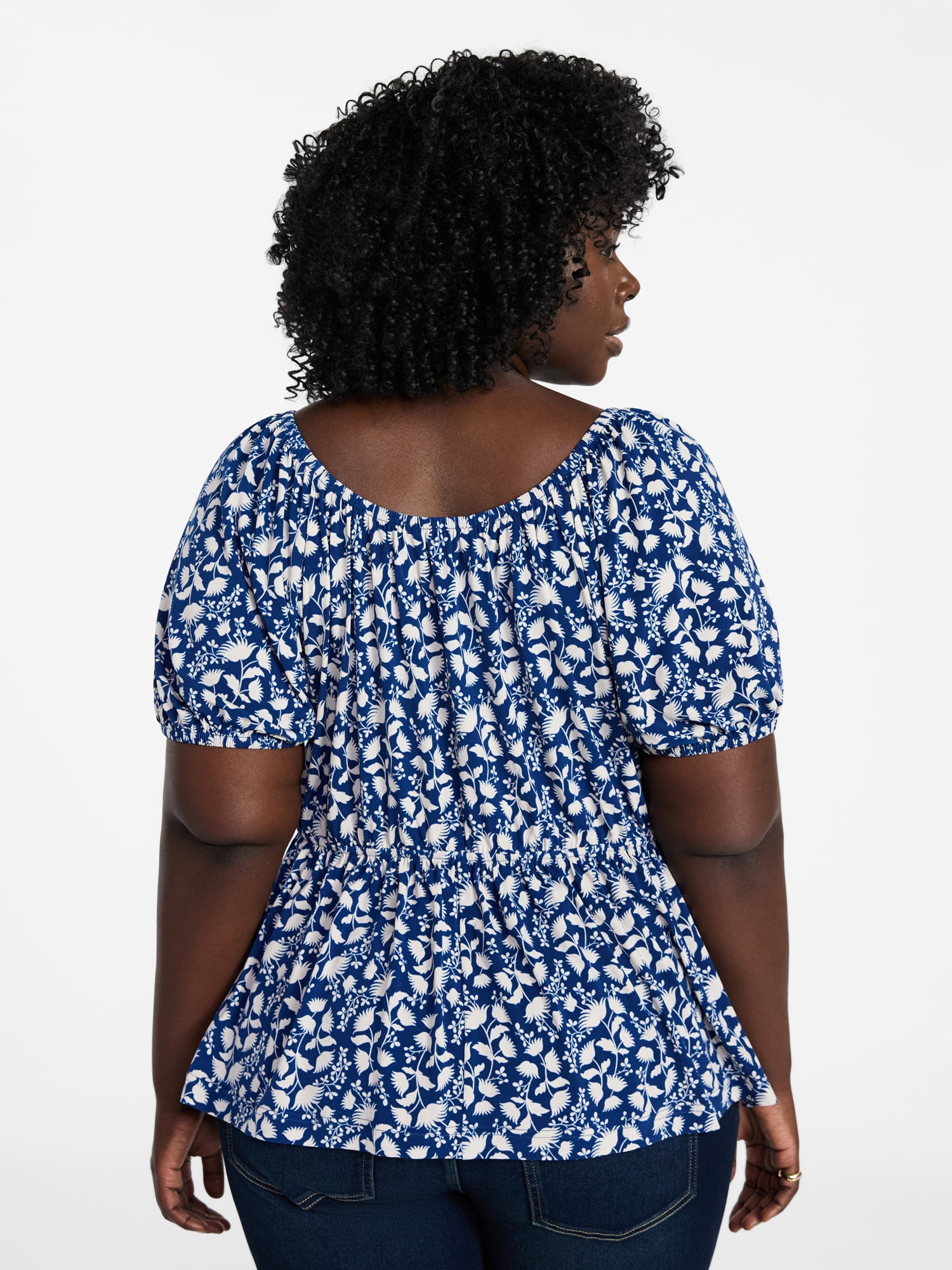 Terra & Sky Women's Peplum Top with Short Puff Sleeves, Sizes 0X-5X