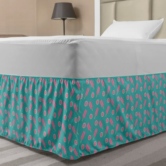 Ice Cream Bed Skirt, Repetitive Pattern Illustration of Popsicles and Half Citrus Slices, Elastic Bedskirt Dust Ruffle Wrap Around for Bedding Decor, 4 Sizes, Dark Seafoam and Pink, by Ambesonne