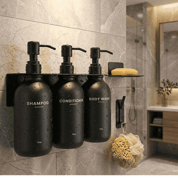 Shampoo and Conditioner Dispenser - Shower Soap Dispenser Wall Mounted - 17 fl oz Set of 3 Black Plastic Bottles with Plastic Pumps & No-Drill Adhesive Holders for Bathroom