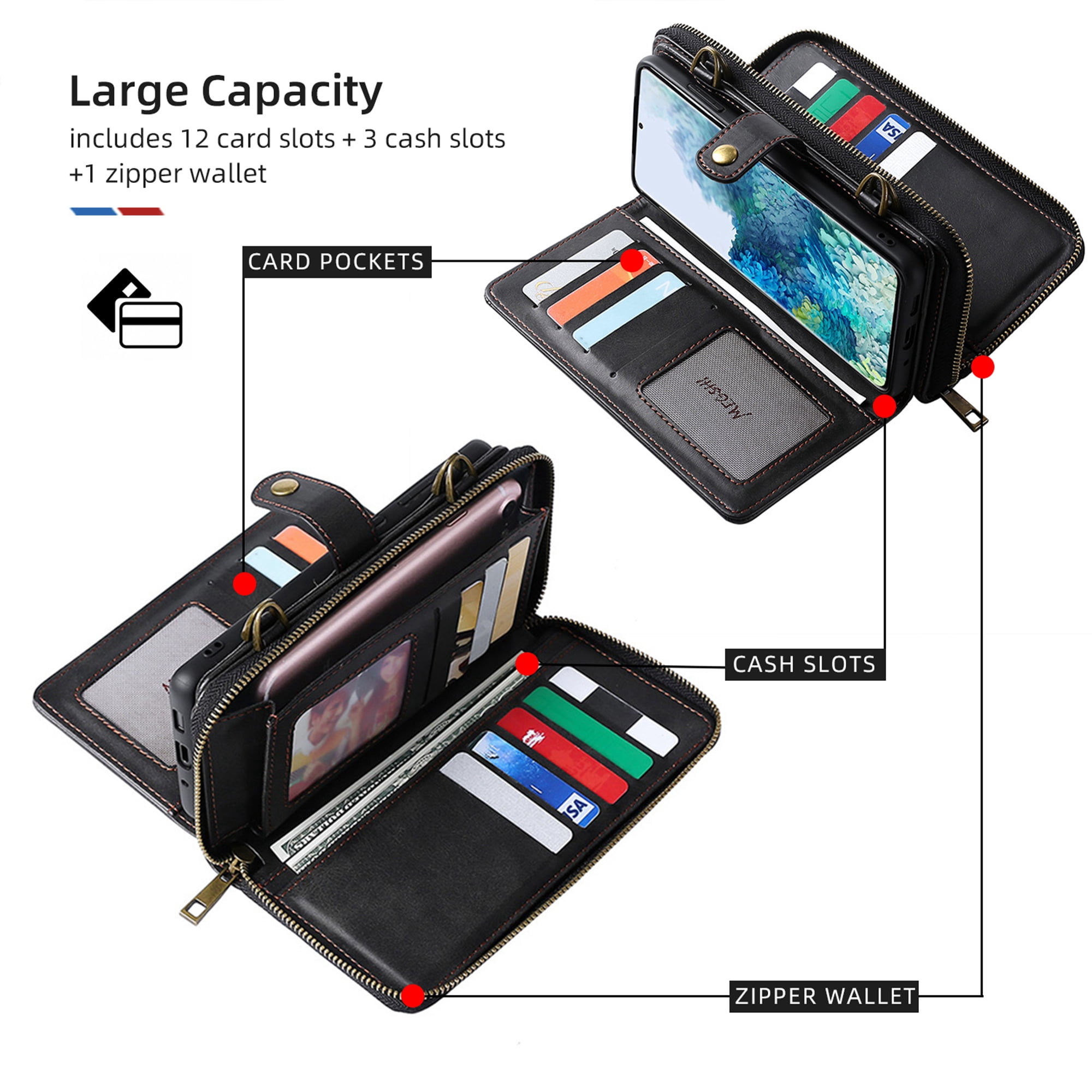 Samsung Galaxy S20 FE 5G Wallet Case, Dteck 2 in 1 Magnetic Detachable Wallet Purse [Crossbody Chain] Durable PU Leather Zipper Handbag Folio Flip Card Slot Protection Back Cover, Black