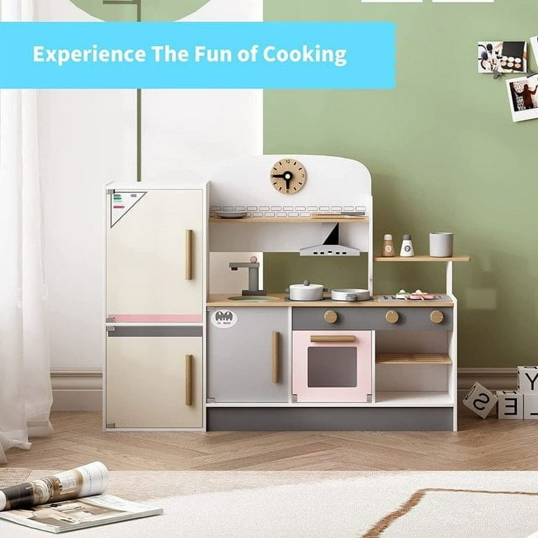 Play Kitchen Set Cuoote Toddlers Wooden Play Kitchen Toy with Fridge Range Hood Oven Sink Stove Mini Pretend Playset Toy Kitchen Gift for Girls