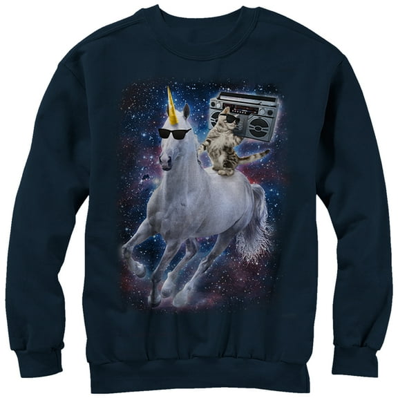 Men's Lost Gods Boombox Cat and Unicorn Space Song  Sweatshirt Navy Blue Small