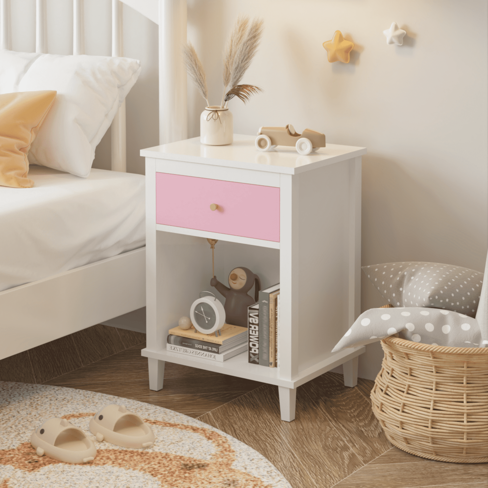 Wooden Nightstand with Drawer & Open Shelf, Pink + White with Golden Handle, Kids Bedside Table for Bedroom