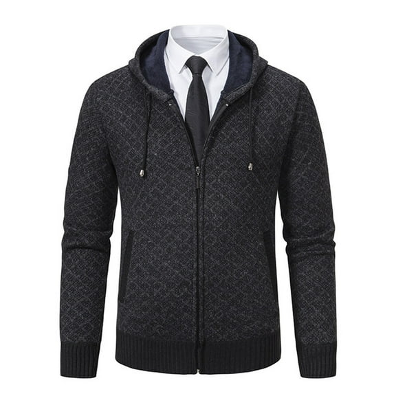 Tweed Jackets for Men with Hood,Full Zip Sweater Mock Collar Casual Knitted Cardigan with Pockets